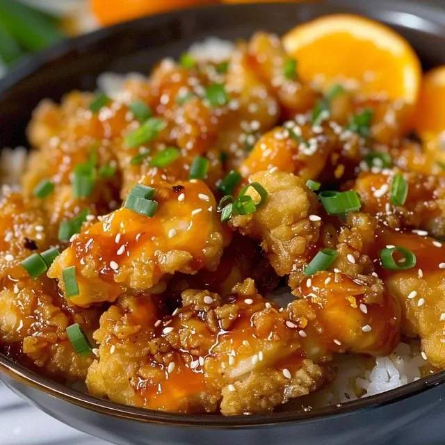 Crispy orange chicken served over rice, garnished with sesame seeds and orange slices.