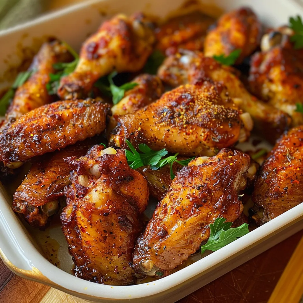 Close-up of a metal tray filled with baked chicken wings, garnished with parsley.