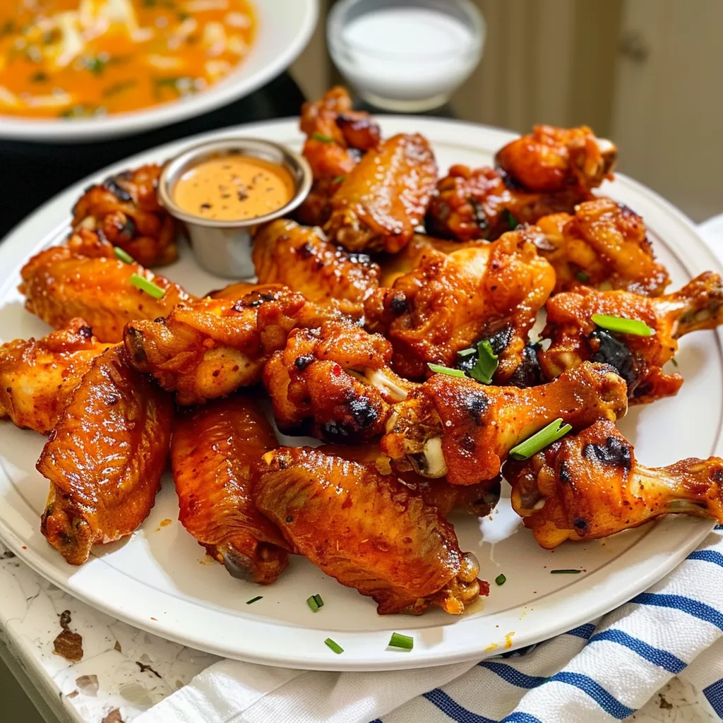 Three plates of crispy baked buffalo chicken wings with celery sticks and ranch dressing.