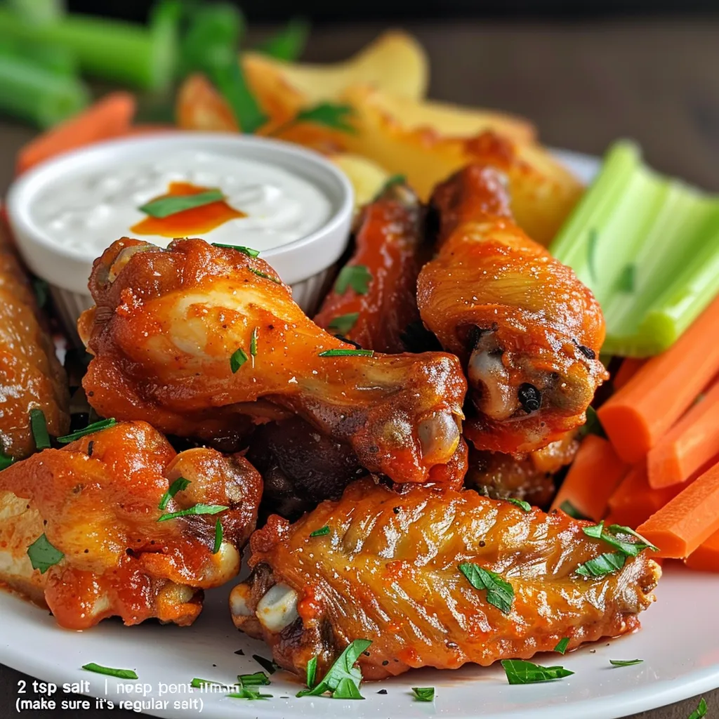 Close-up of crispy baked buffalo wings on a white plate with ranch dressing and celery sticks.