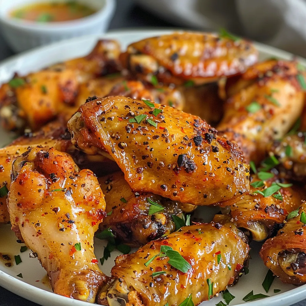 Close-up of a plate of crispy baked chicken wings seasoned with spices.