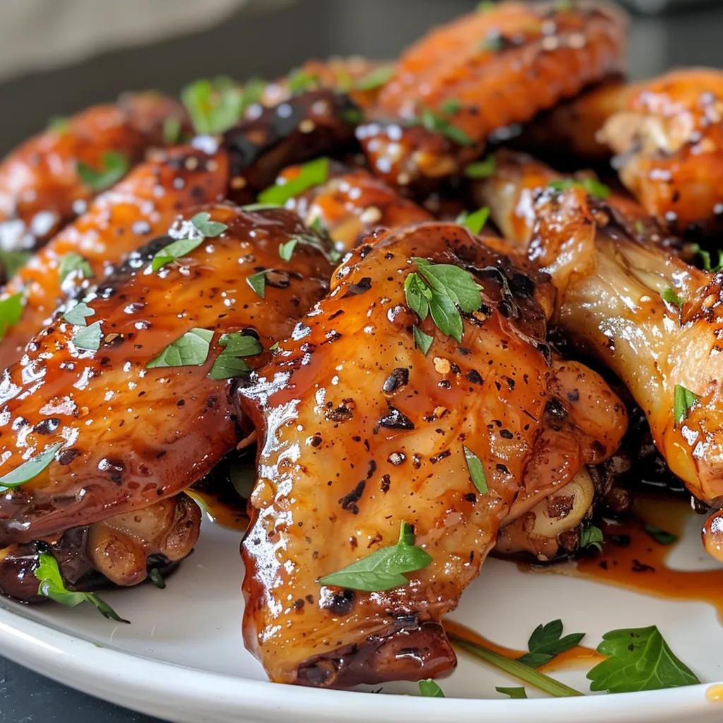 Close-up of crispy oven-baked honey BBQ chicken wings on a dark plate, garnished with fresh herbs.