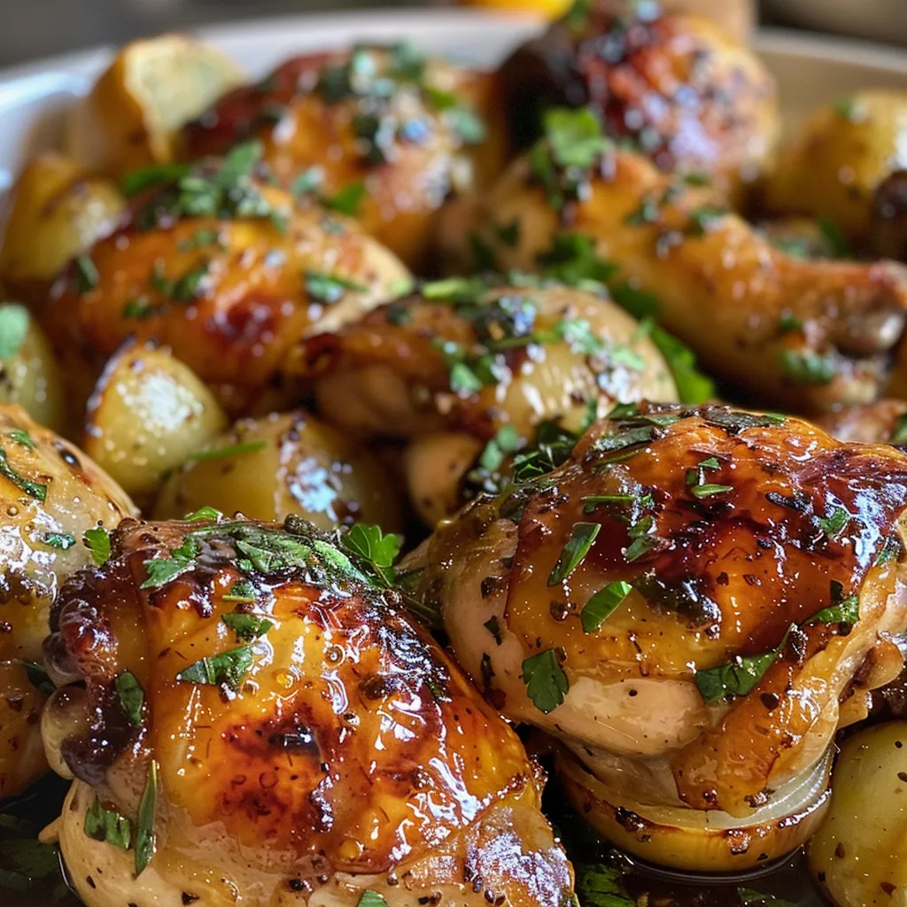 Close-up of juicy chicken breasts in a creamy mustard sauce, served with roasted potatoes.