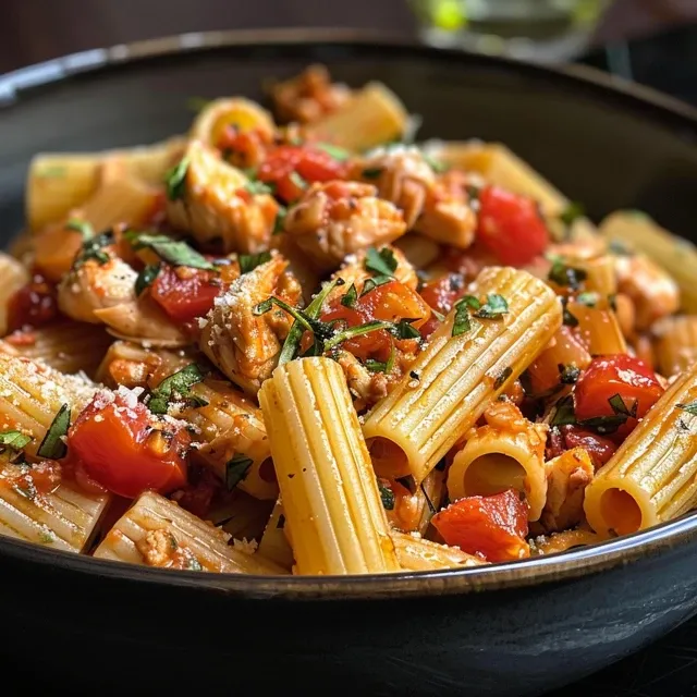 Close-up of a bowl of spaghetti with chicken in a sun-dried tomato sauce, garnished with parmesan cheese and parsley.