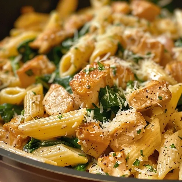 Close-up of creamy pasta with grilled chicken.