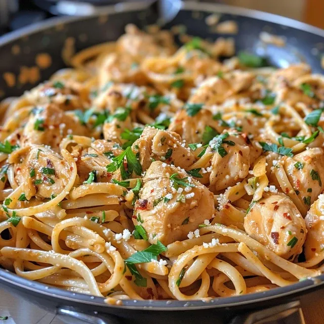 Close-up of a bowl of creamy chicken linguine pasta, garnished with parsley.
