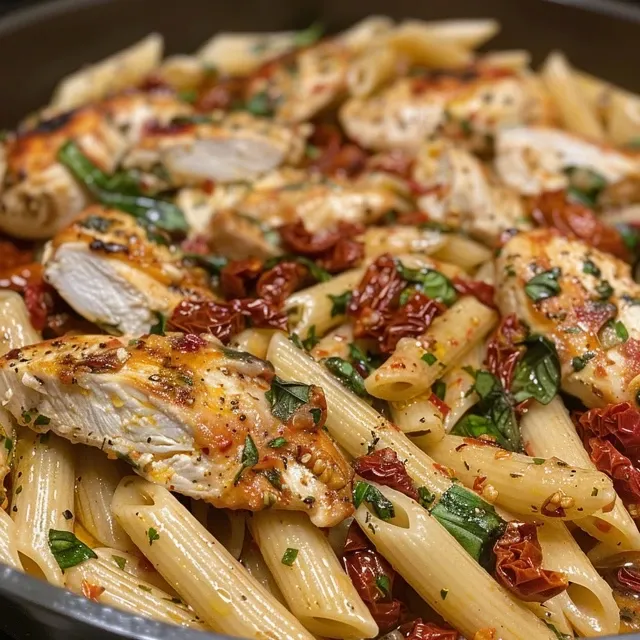 Close-up of a plate of creamy sun-dried tomato pasta with chicken.