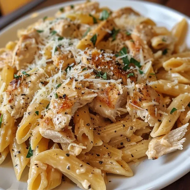 Slow cooker chicken pasta with a creamy sauce, topped with herbs and parmesan cheese, surrounded by breadsticks and a side salad.