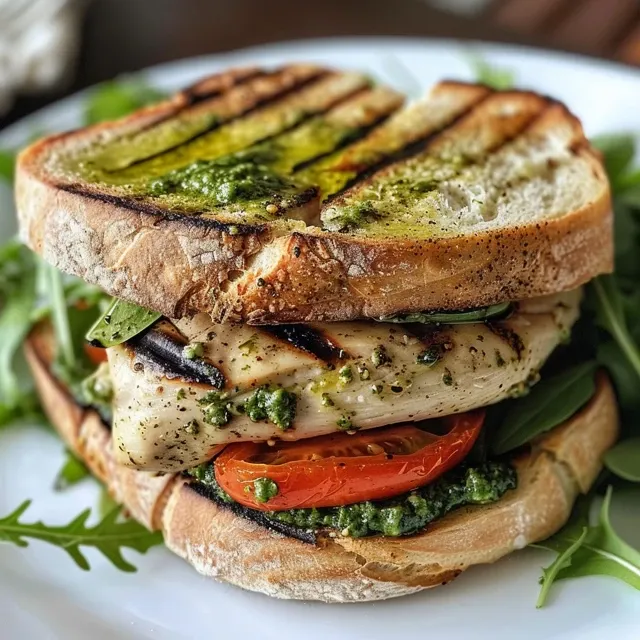 Grilled chicken sandwich on focaccia bread with pesto, sun-dried tomatoes, and microgreens.