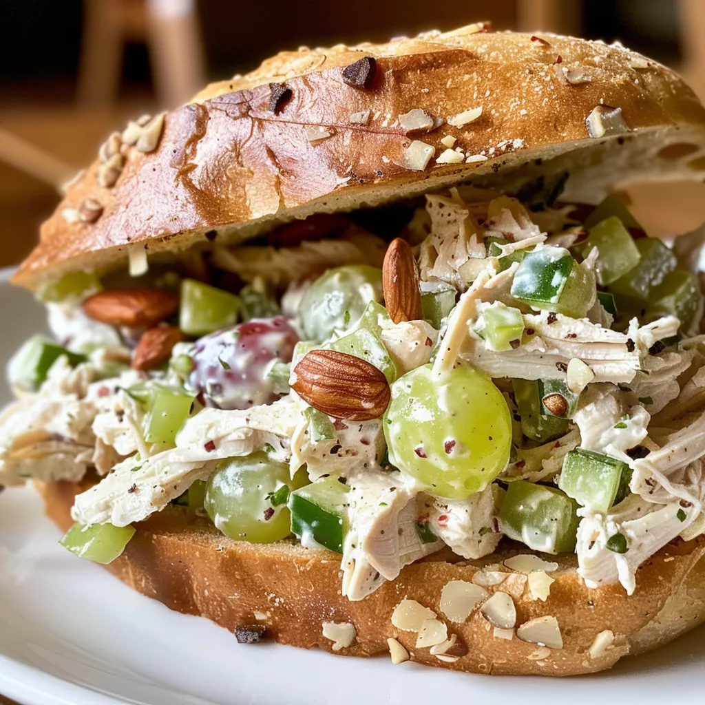 Delicious chicken salad sandwich on a croissant with cranberries and almonds.