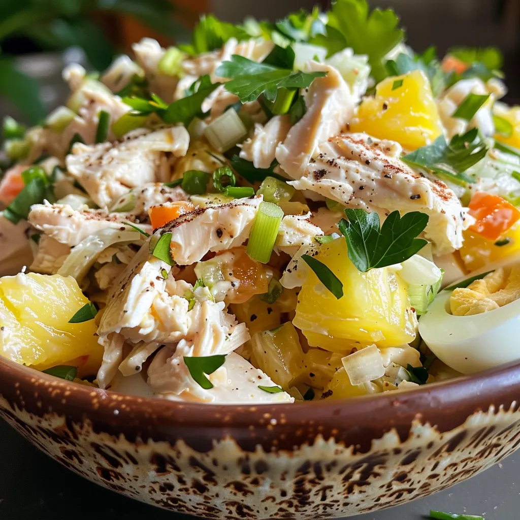 A close-up of a chicken salad sandwich on a white plate.