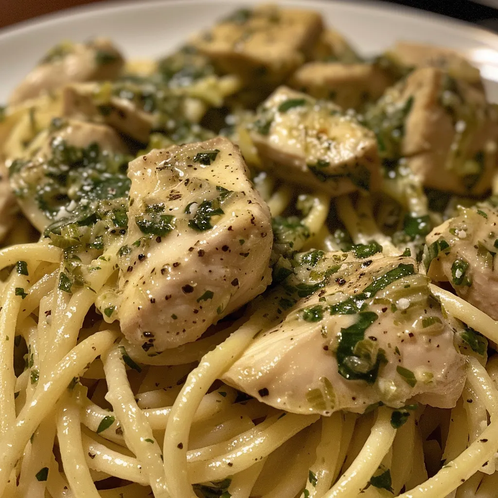 Creamy Cilantro-Lime Chicken Pasta in a skillet, garnished with lime wedges and cilantro.