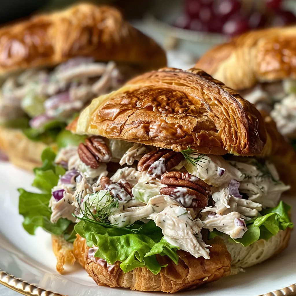 A bowl of chicken salad with grapes, two croissant sandwiches, and a basket of grapes.