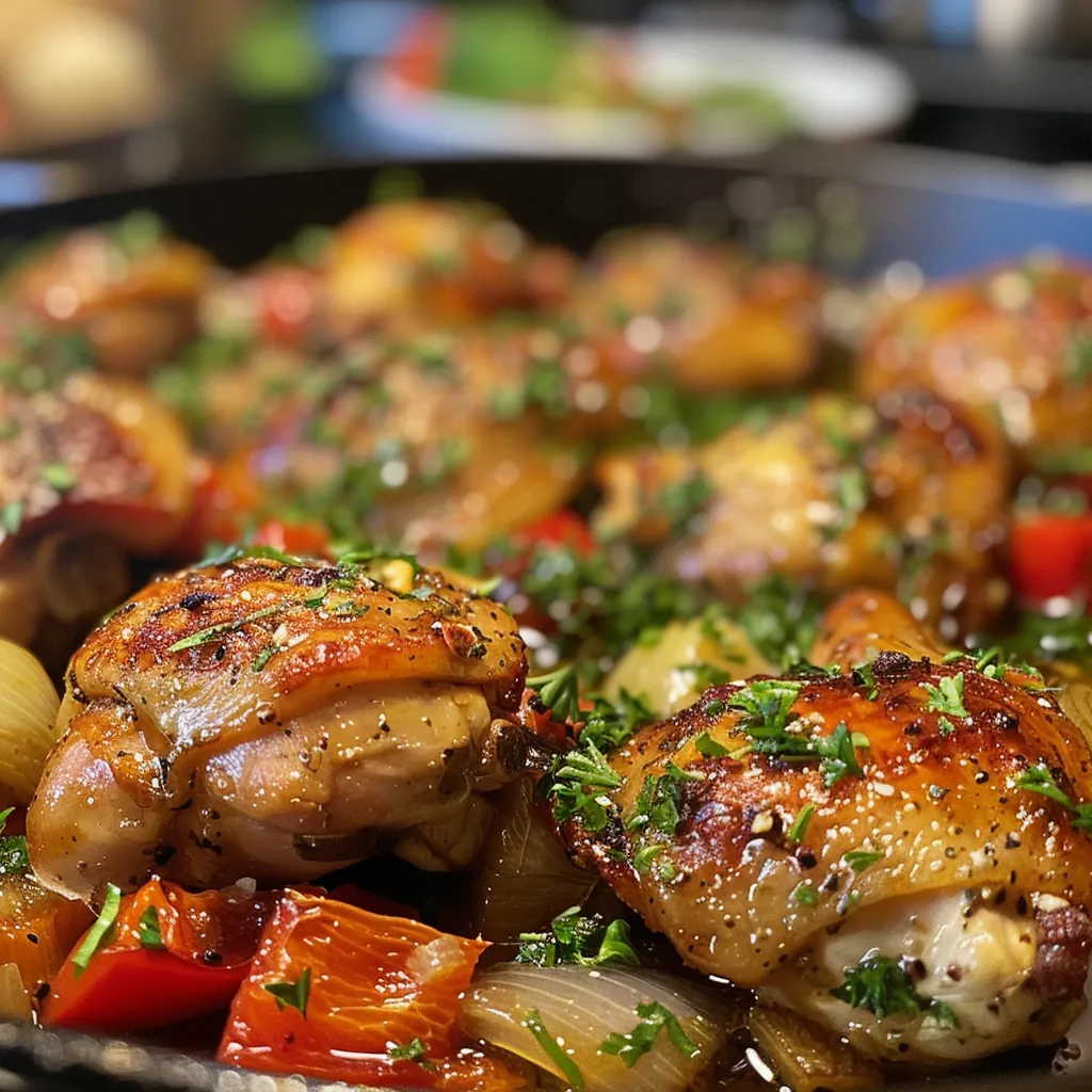 Close-up of a delicious Pollo a la Portuguesa, featuring a roasted chicken thigh with potatoes in a rich sauce.