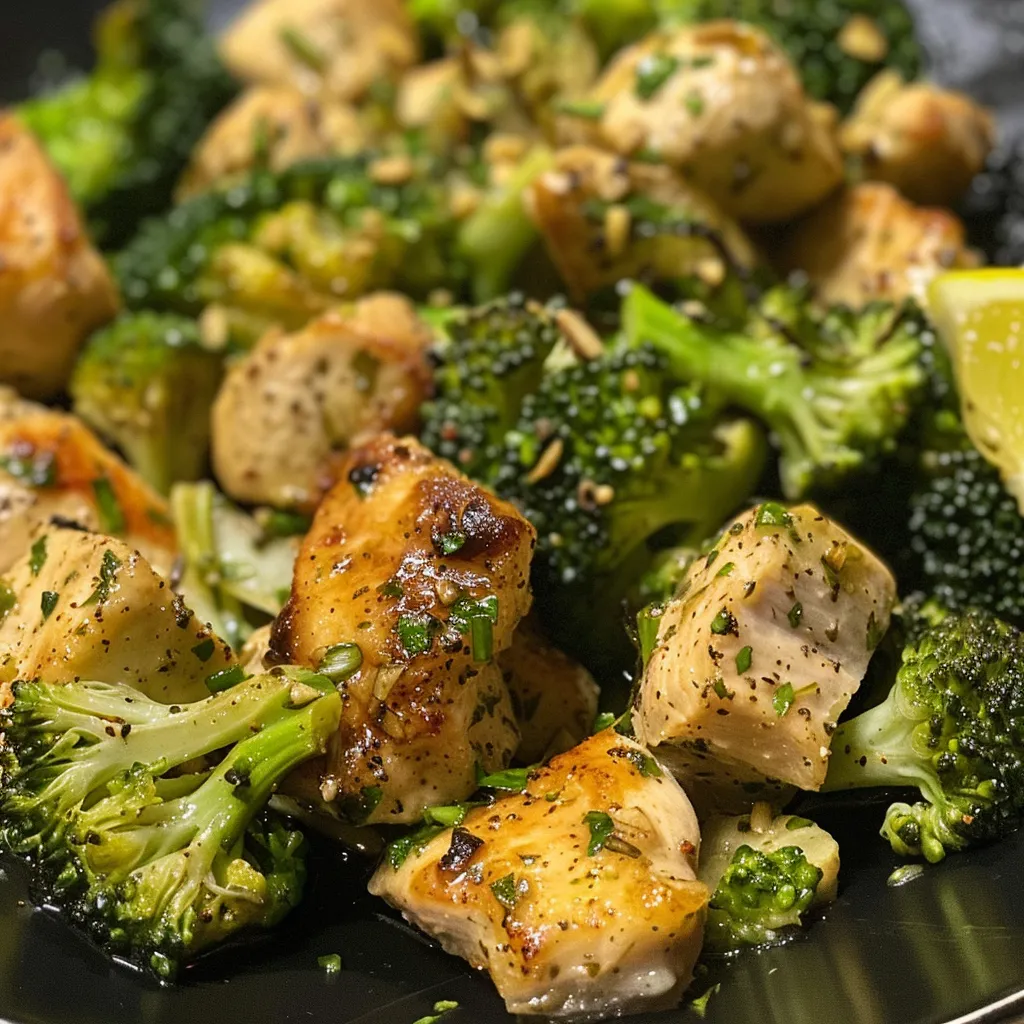 Creamy lemon chicken and broccoli in a skillet.