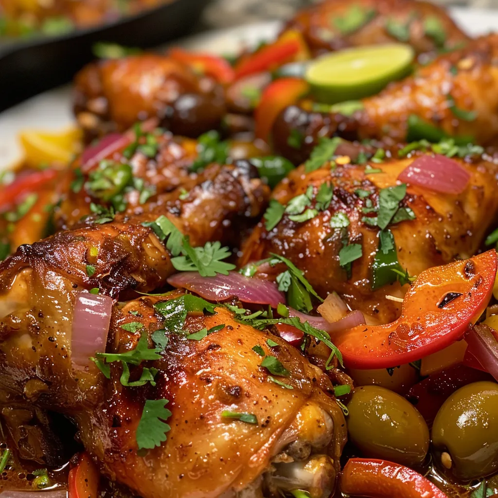 Overhead shot of a pot of Dominican Stewed Chicken (Pollo Guisado), showing tender chicken pieces in a rich, dark sauce with peppers and onions.