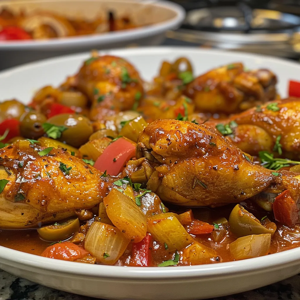 Delicious Puerto Rican Pollo Guisado (braised chicken) with potatoes and olives, served with rice.