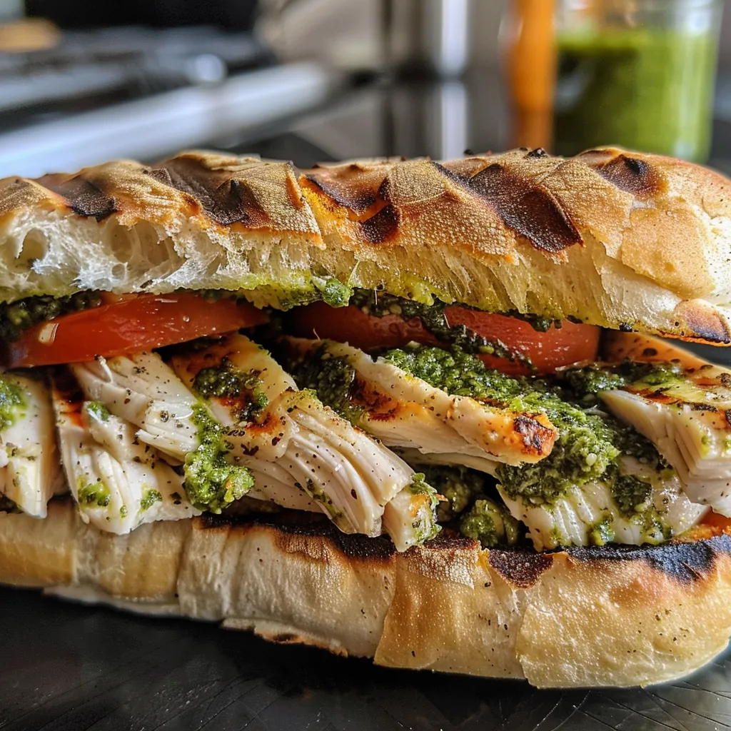 Close-up of a grilled chicken pesto sandwich with toasted bread, juicy tomatoes, and a generous spread of pesto.