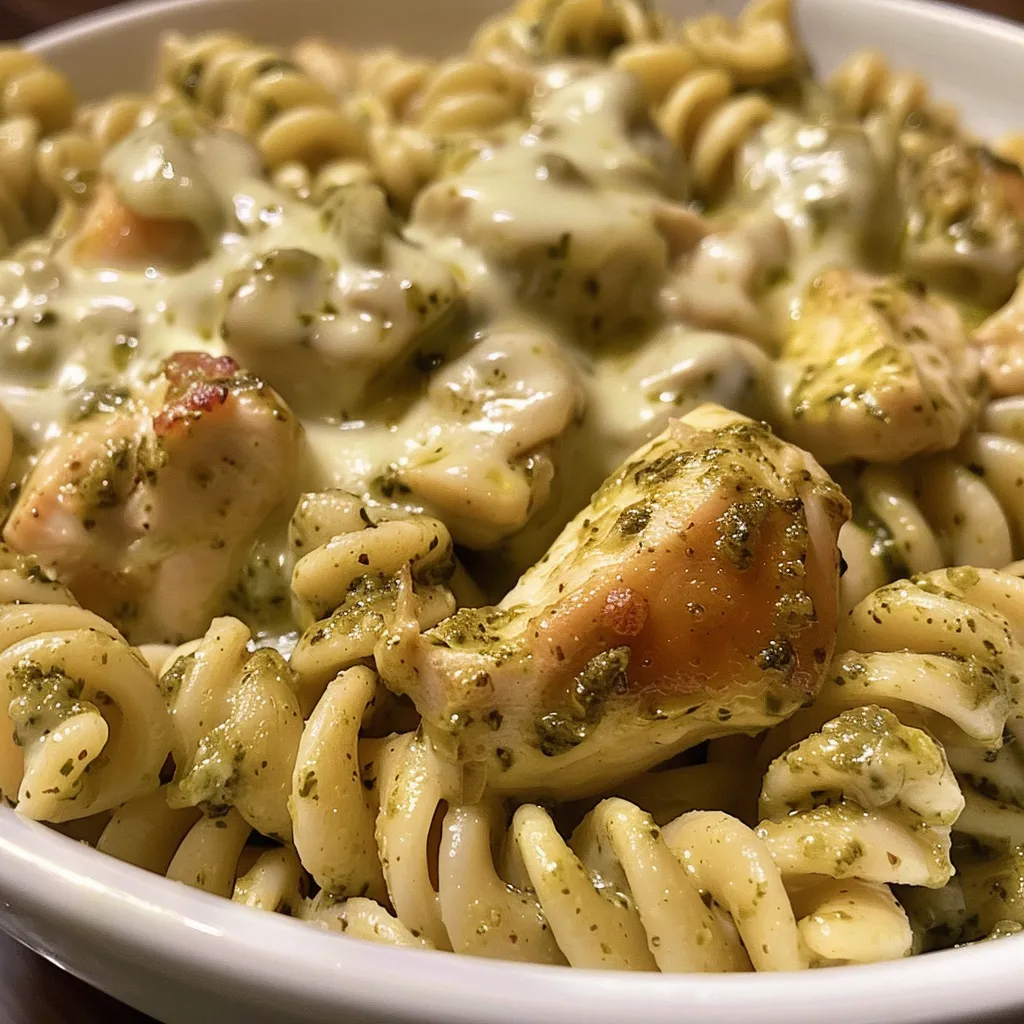 Two images showing the before and after of a slow cooker pesto mozzarella pasta recipe. The first shows pesto-covered chicken breasts with butter, the second shows the finished dish with pasta, chicken, and melted cheese.