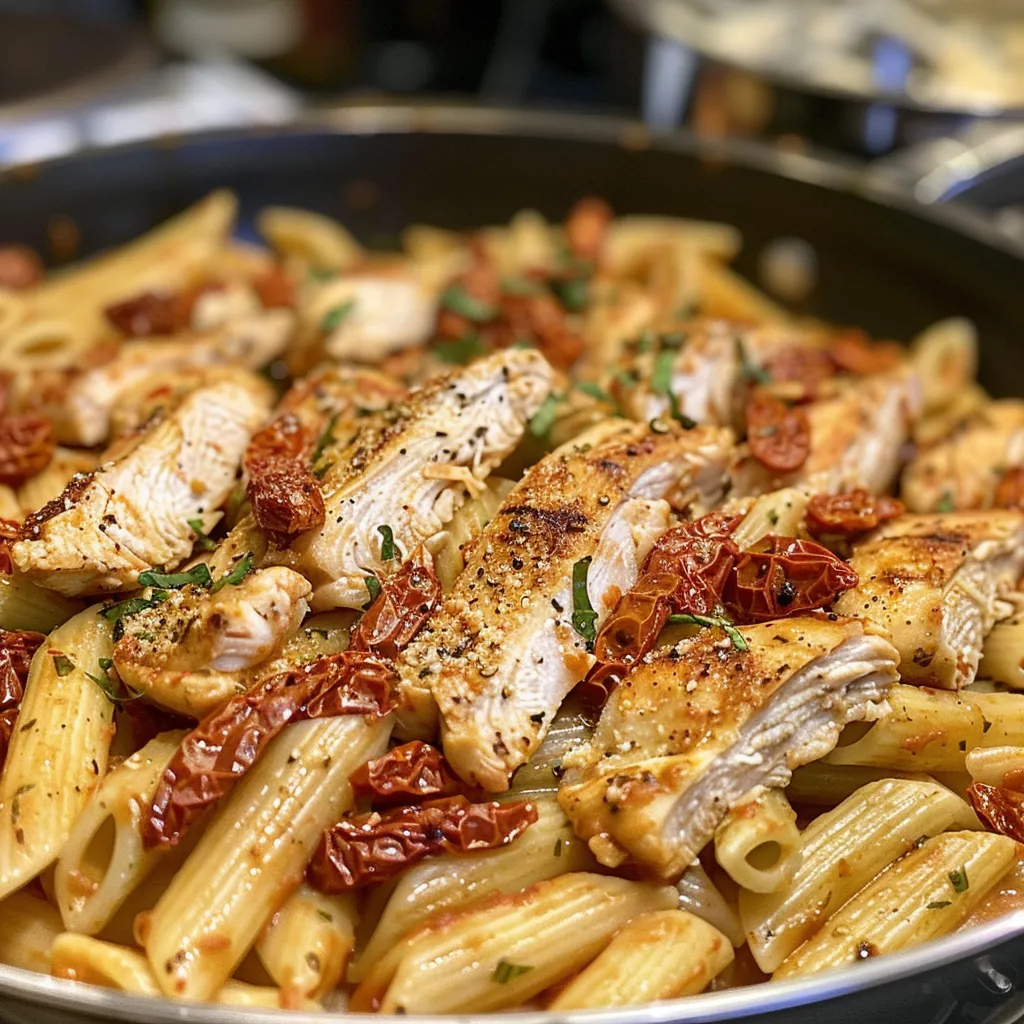 Creamy pasta dish with chicken and sun-dried tomatoes.