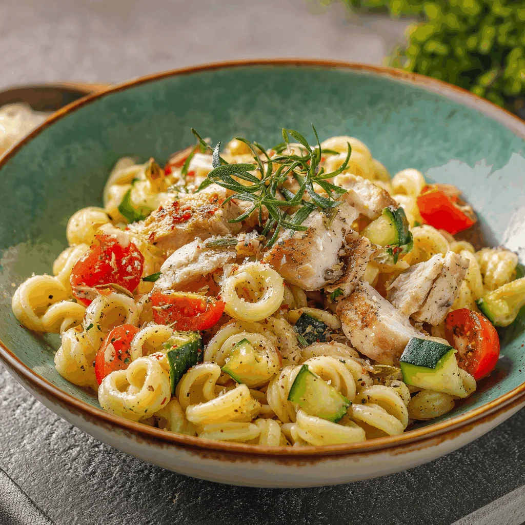 A delicious plate of Rica Ensalada De pasta Con Pollo y verduras