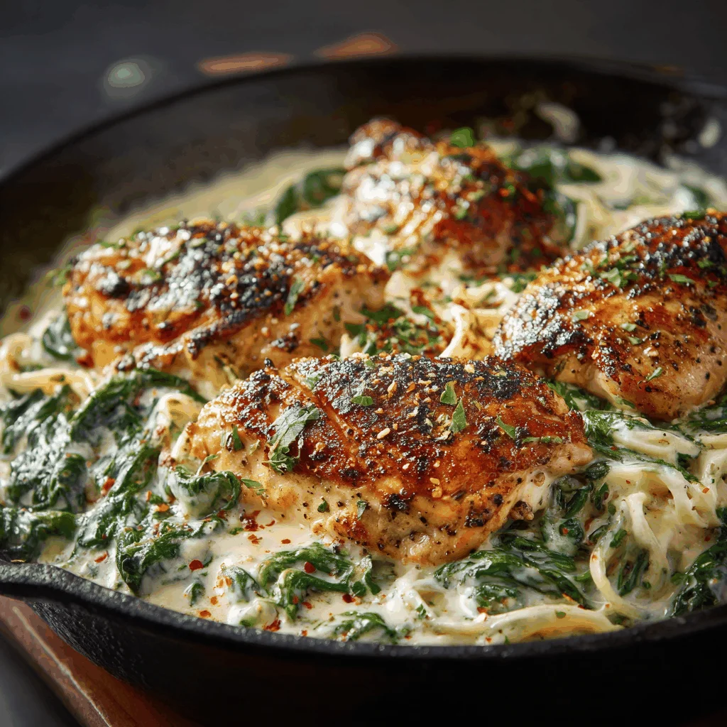 A delicious plate of Chicken Spinach Alfredo With Penne Pasta