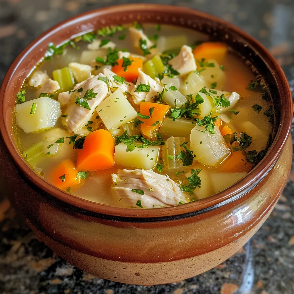 Primer plano de sopa de pollo y verduras con ingredientes frescos.