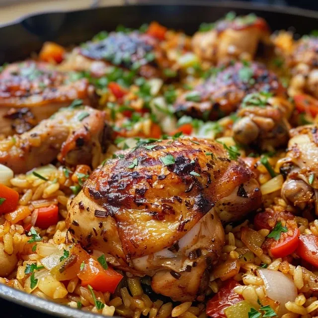 Close-up of a savory arroz con pollo in a skillet.