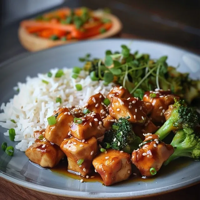 Tazón de pollo teriyaki en primer plano, mostrando ingredientes frescos.