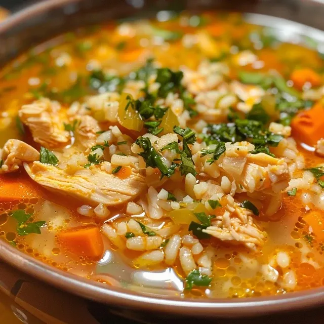 Sopa Pollo Cremosa en un tazón, vista lateral con ingredientes visibles.