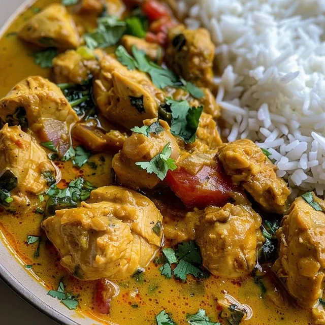 Pollo al curry casero servido en un plato, con espinacas y arroz.