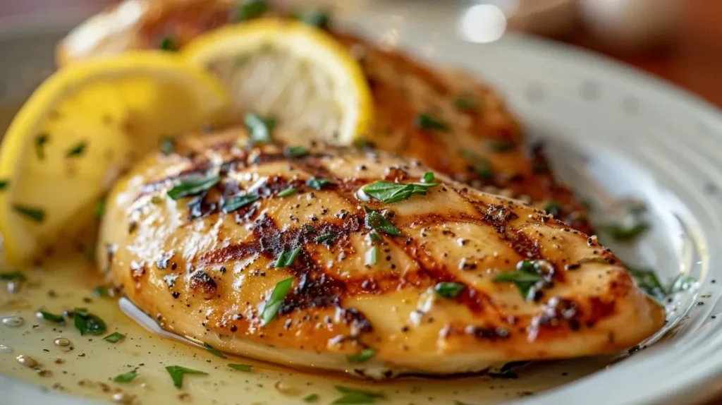 Primer plano de un delicioso Pollo Ajo Limón con jugos naturales.