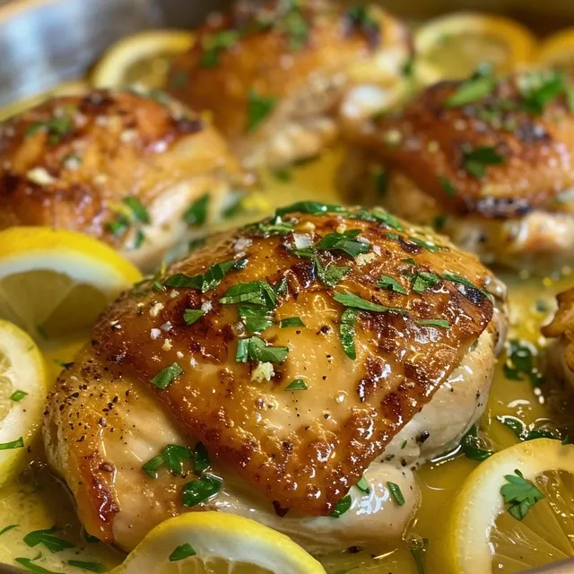 Pollo al Limone en un plato, con salsa de limón y perejil fresco.