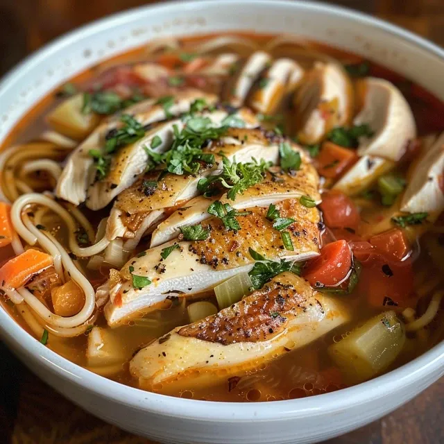 Primer plano de un tazón de Sopa de Pollo Toscana con verduras frescas.