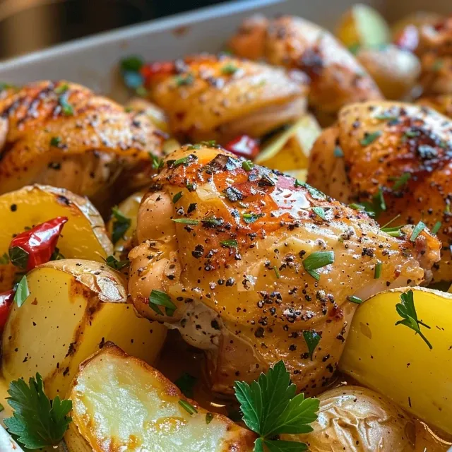 Pollo al horno dorado con patatas, ajo y limón en un plato.