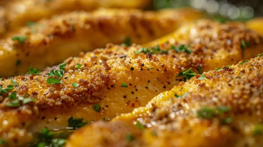 Pollo empanado dorado y crujiente sobre un fondo blanco.