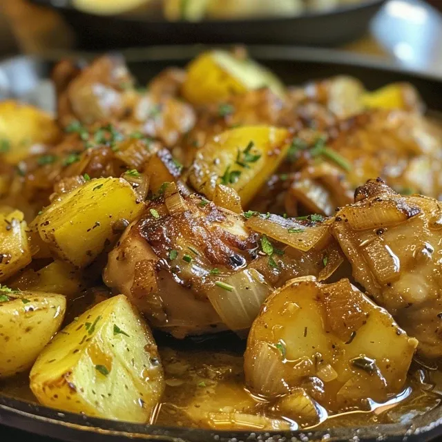 Estofado de pollo con patatas y verduras en un plato blanco.