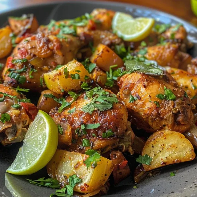 Plato de Pollo guisado colombiano, con verduras y salsa en un fondo colorido.
