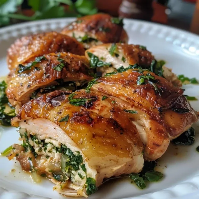 Close-up view of juicy chicken breasts stuffed with spinach and cheese.