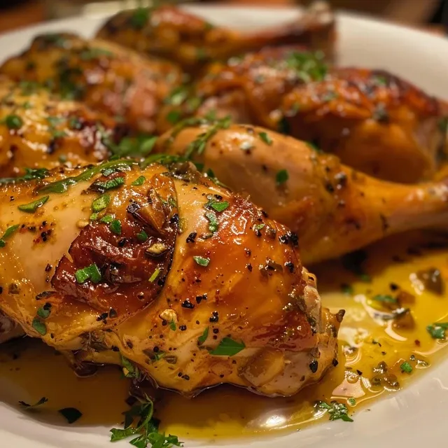 Primer plano de pechugas de pollo glaseadas en miel y ajo.