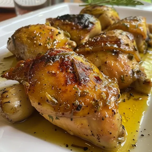 Pechugas de pollo al horno con glaseado de mostaza, miel y romero.