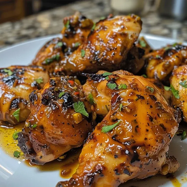 Muslos de pollo a la barbacoa junto a patatas especiadas en un plato.