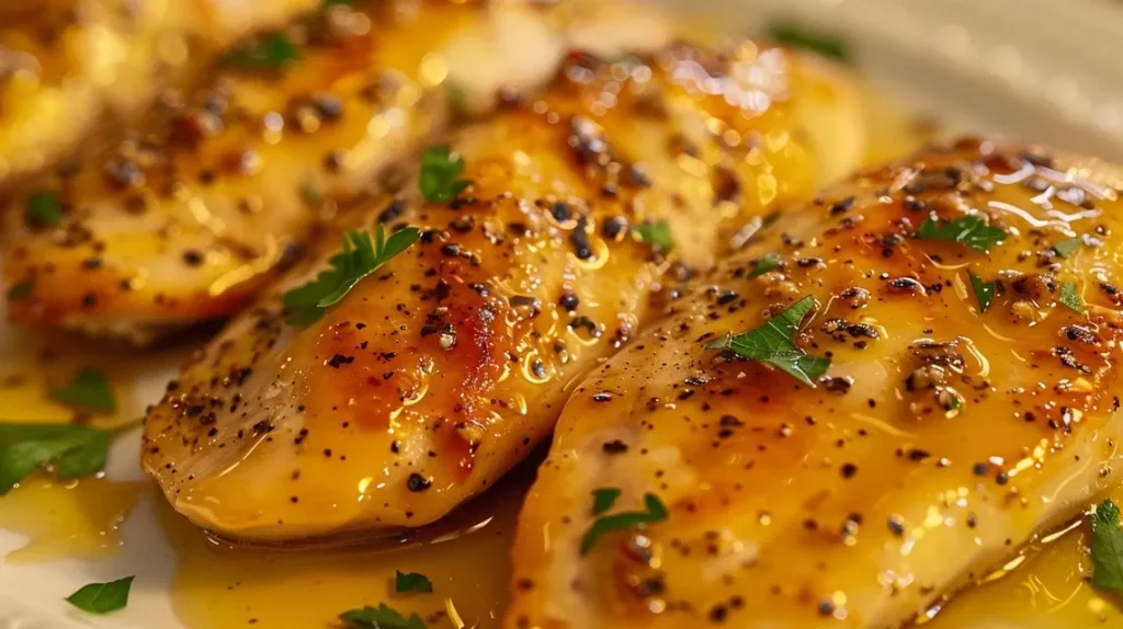 Primer plano de Pollo Mostaza Miel en un plato.