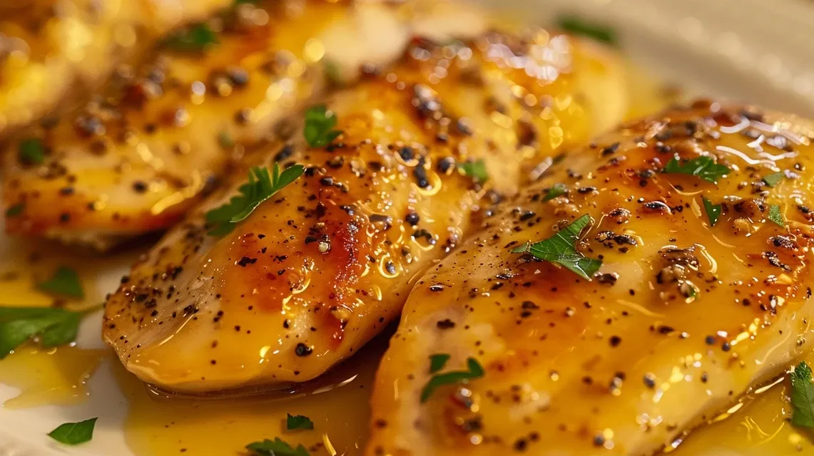 Primer plano de Pollo Mostaza Miel en un plato.