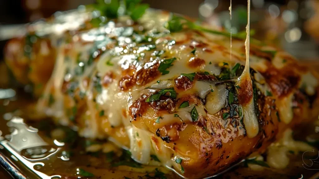 Pollo Relleno con espinacas y queso al ajo, visto de lado, mostrando su jugosa textura.