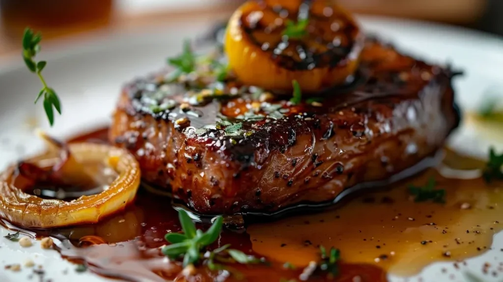 Close-up of juicy Pollo Mostaza Miel garnished with herbs.