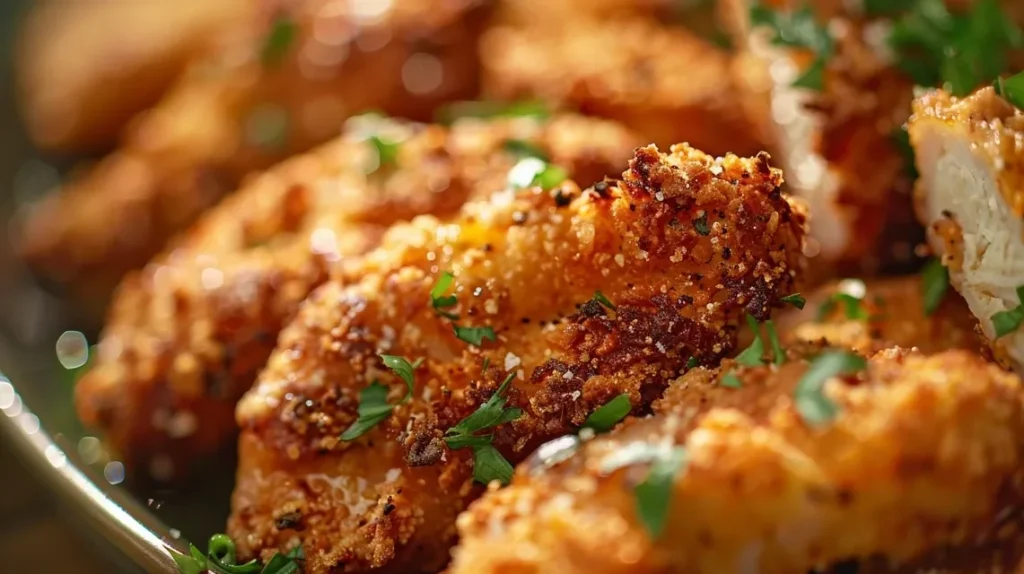 Tiras de pollo crujientes doradas en un plato, vista lateral.