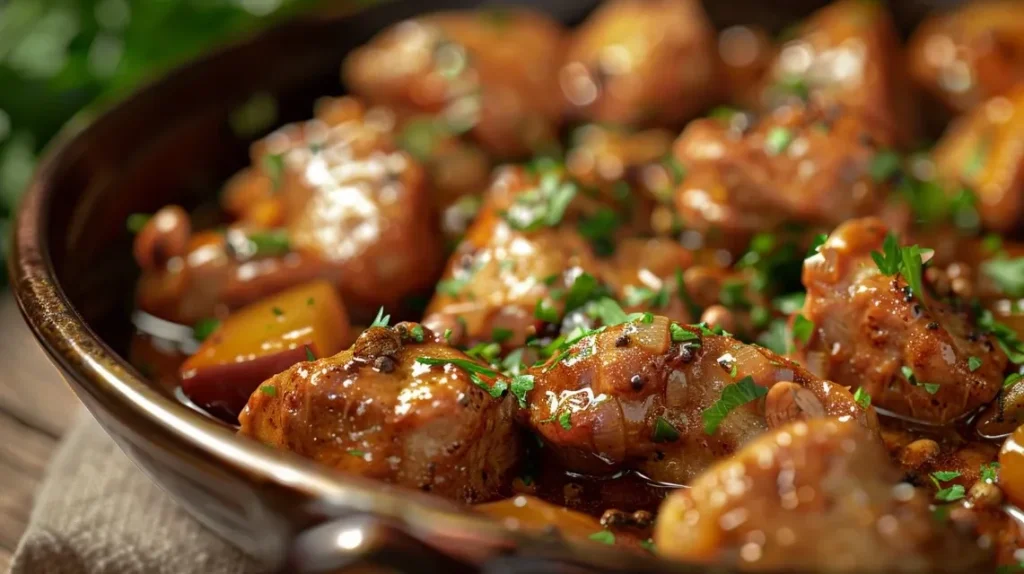 Primer plano de Pollos a la Cerveza con ingredientes frescos.