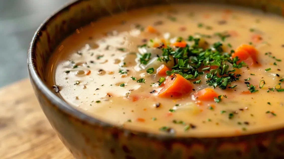 Sopa Cremosa de Verduras en un tazón, con una textura rica y colorida.