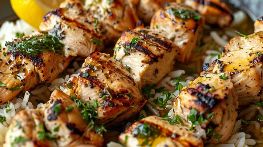 Brochetas de pollo griego jugosas con arroz al limón en un plato.